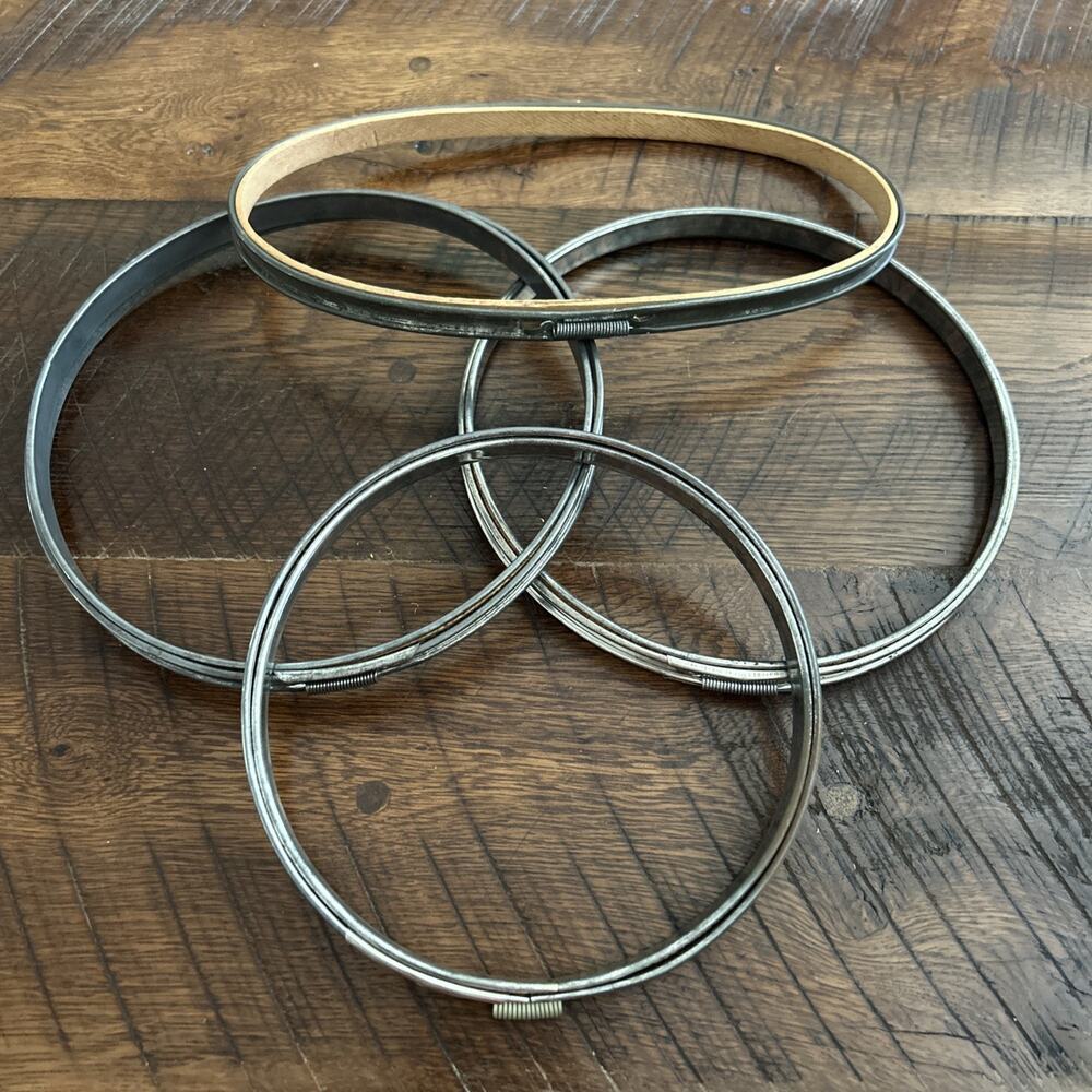 Vintage Lot of 4 Round & Oval Cork Wood & Metal Embroidery Hoops Spring Tension